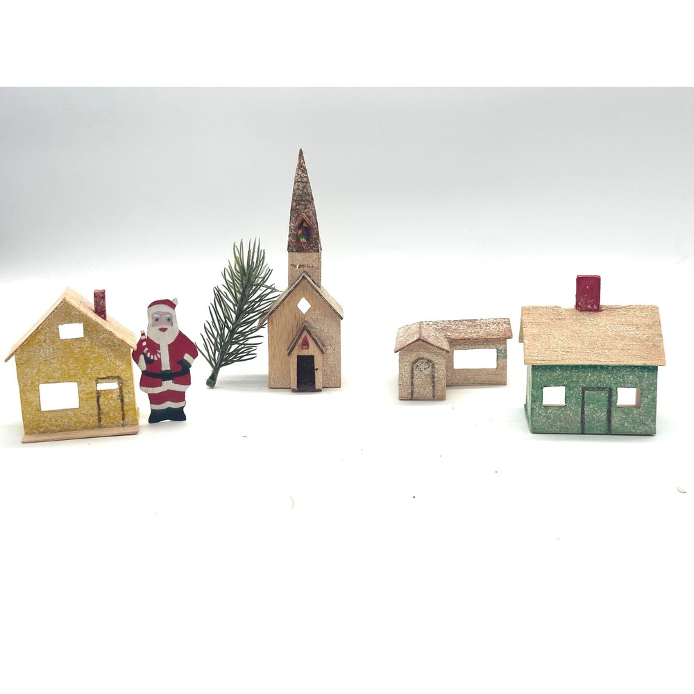 Vintage Wooden Putz Style Christmas Village Set 6 Piece Handmade Glitter Houses